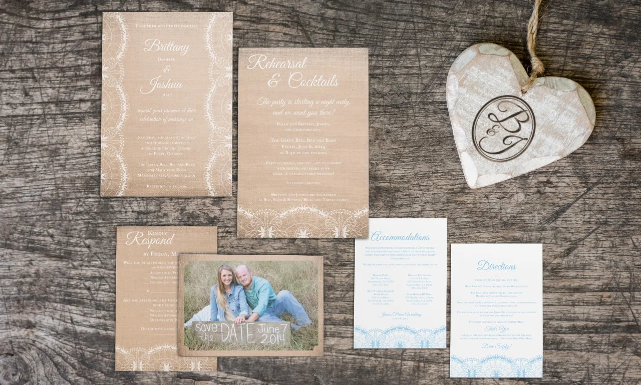 Wedding packet including invitation, save the date, rsvp, program, directions, & a monogram.