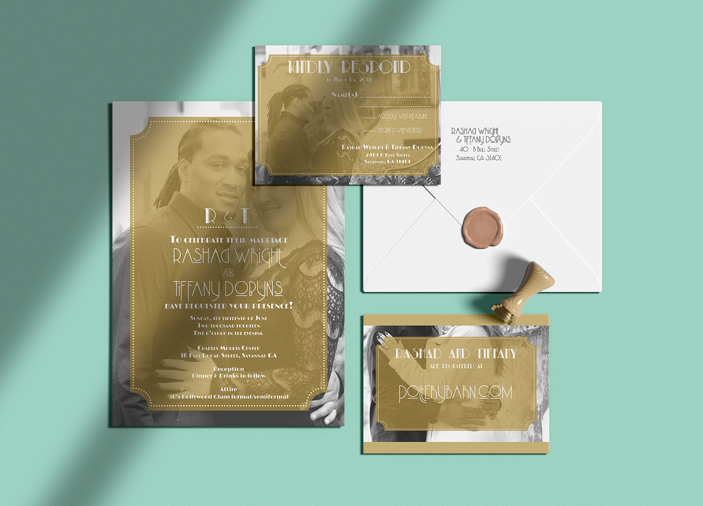 Wedding packet including invitation, rsvp, registry card, & envelope.