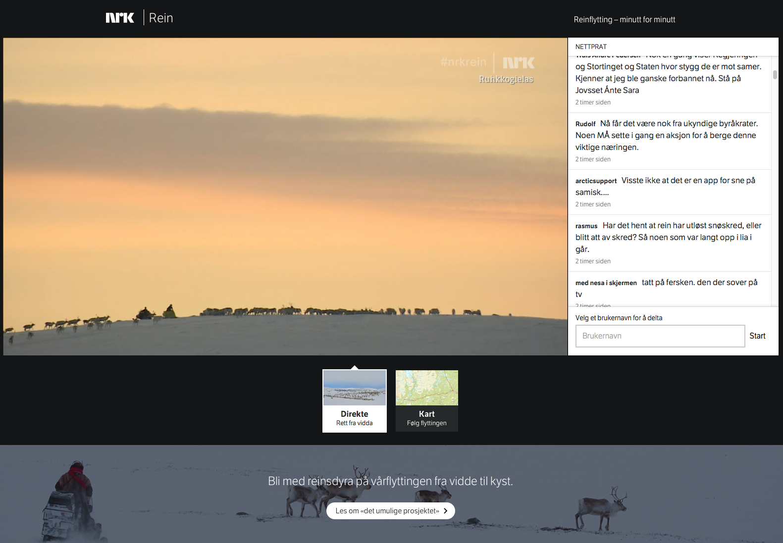 Gimmick or inspiration, you decide. Live camera transmissions of everything from eagles’ nests to elephants’ waterholes have been a standard feature on nature-oriented websites for a number of years now. The Norwegian experiment will show whether the concept can or will migrate to mainstream TV. https://www.theguardian.com/tv-and-radio/2017/apr/26/slow-tv-reindeer-migration-norway-nrk-reinflytting-minutt-for-minutt https://www.nrk.no/rein/