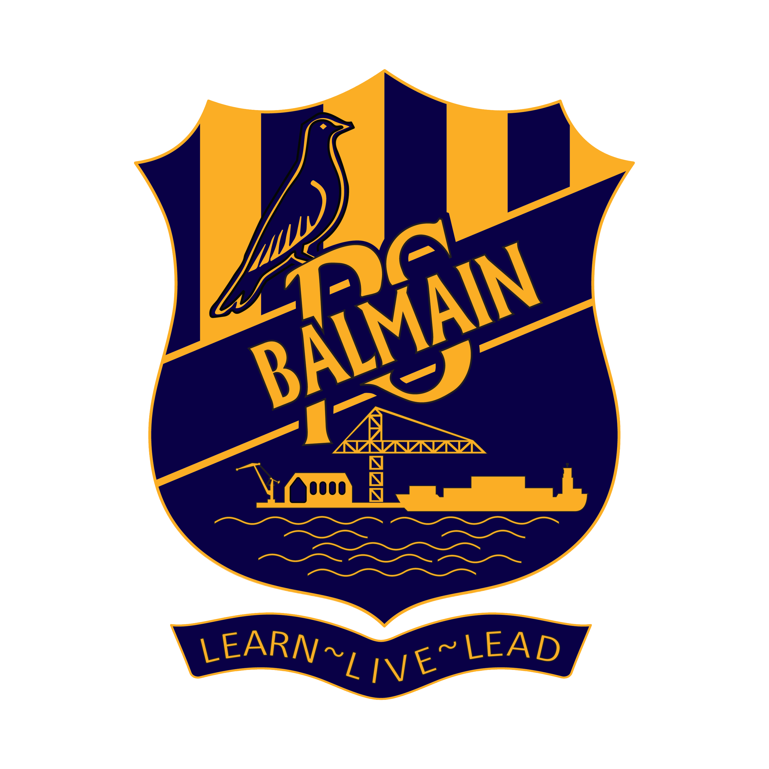 University of Pittsburgh logo featuring a navy blue and gold shield with a heron bird, construction crane, and the words 'Learn, Lead, Serve' in a banner.