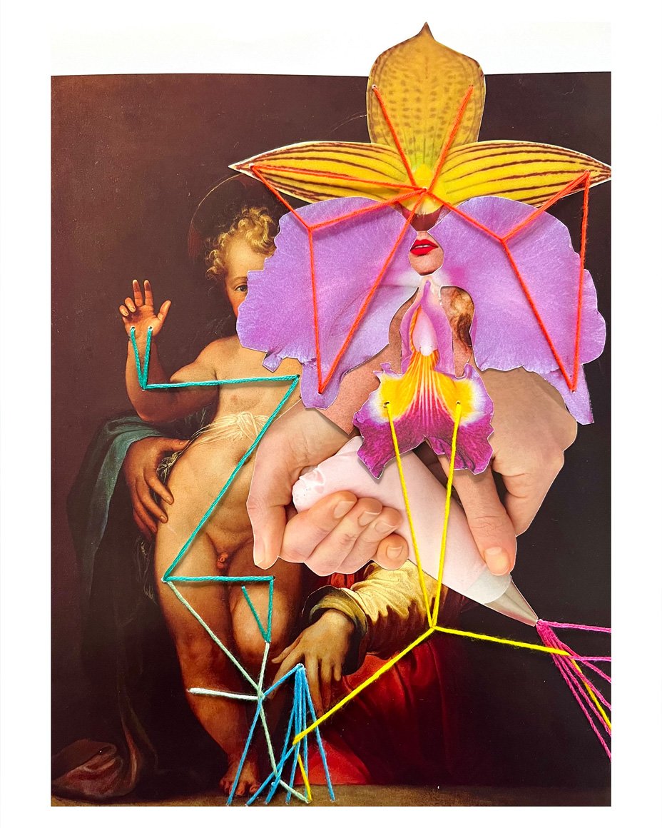 A collage artwork combining a classical painting with modern elements, featuring a person holding a butterfly-shaped flower and colorful string art overlays.