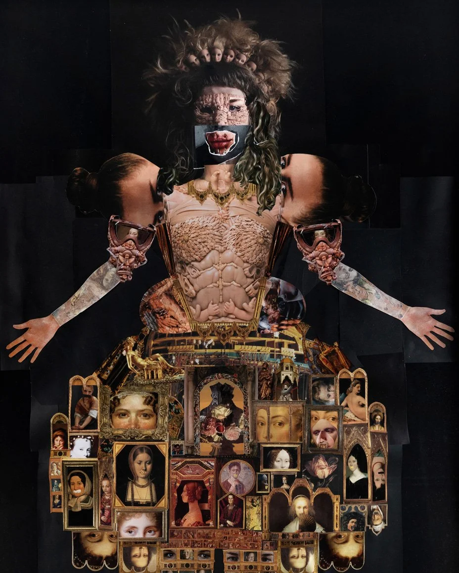 An art collage depicting a humanoid figure with art and portrait images assembled to create its body and head, set against a black background.