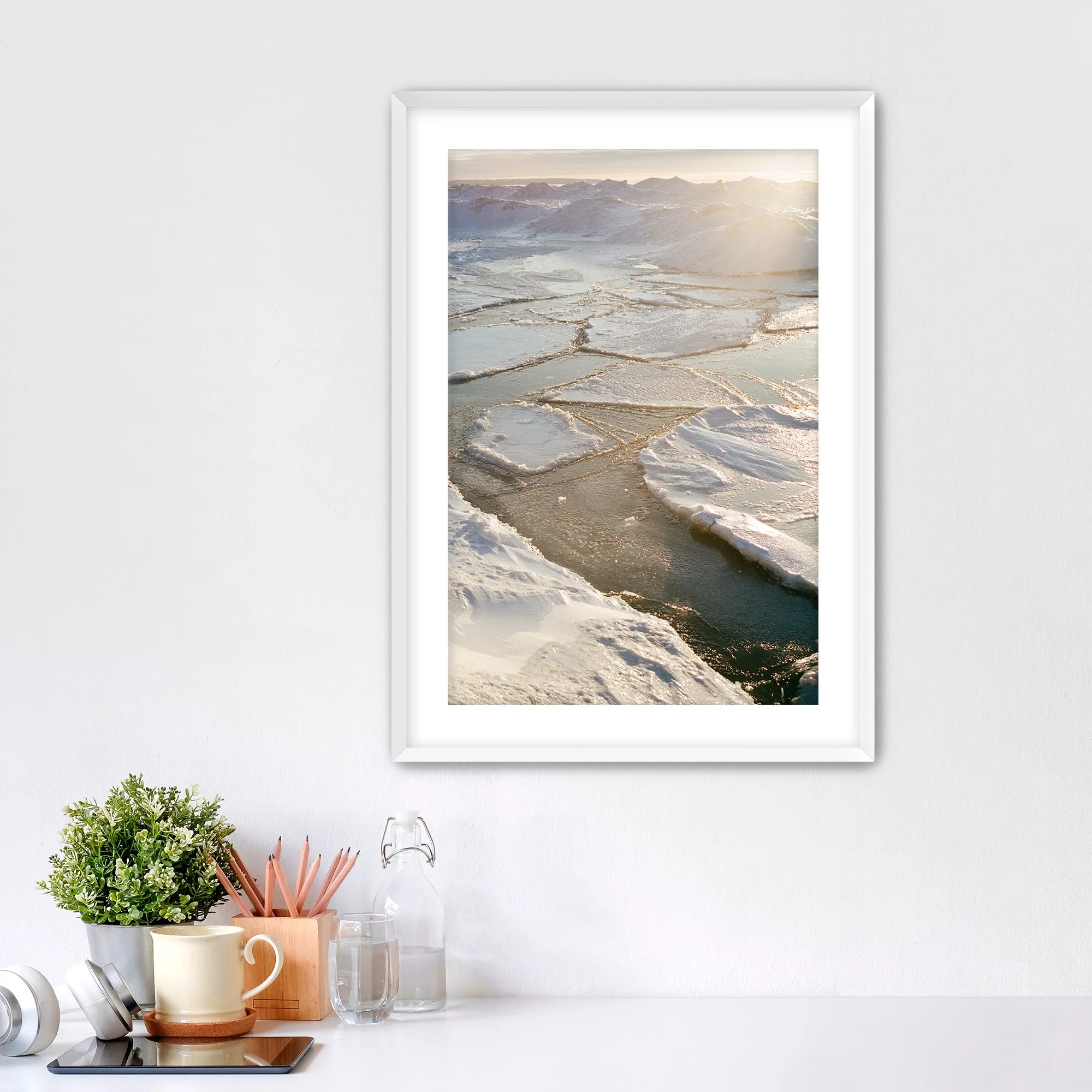 Framed Fine Art Winter Lake Michigan Photo Print for Home Decor with mat-White Frame.jpg
