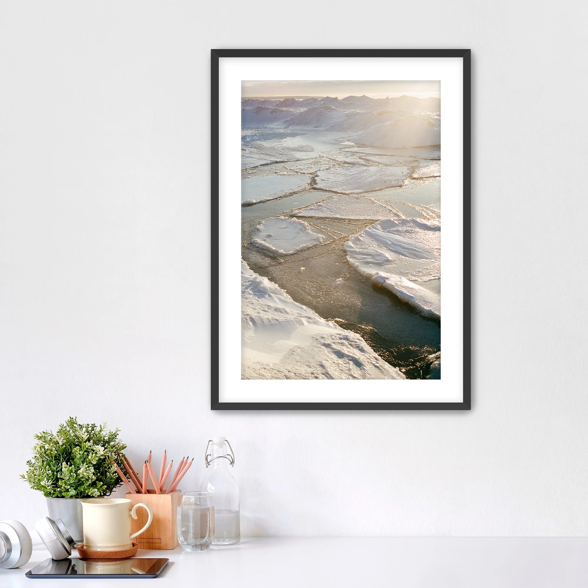 Framed Fine Art Winter Lake Michigan Photo Print for Home Decor with mat-Black Frame.jpg