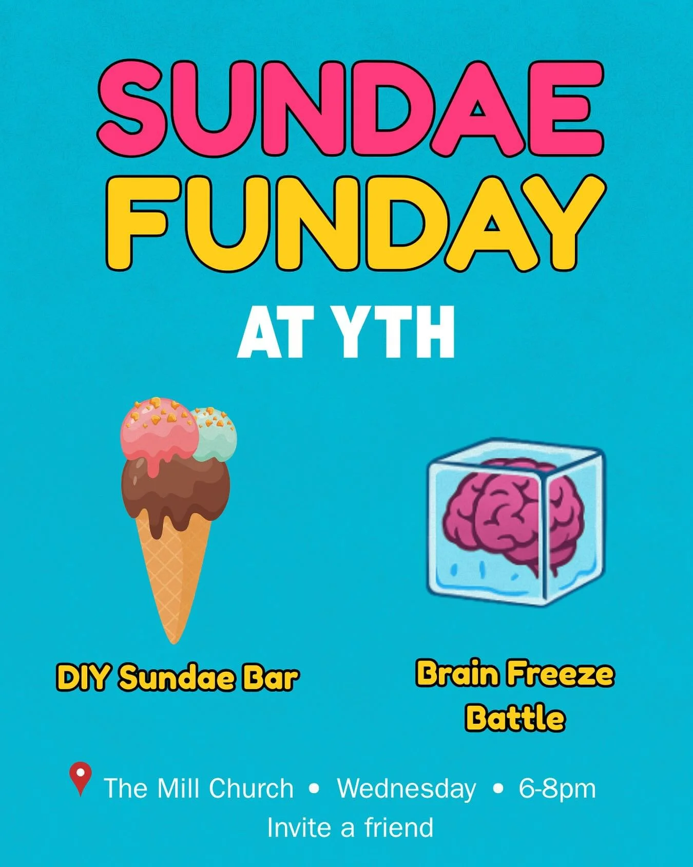 Sundae Funday is coming to YTH this Wednesday! ๐จ๐ฅ
We’re building our own sundaes and battling for ultimate glory in the Brain Freeze Showdown ๐ง ๐ฅถ
Bring a friend, your sweet tooth, and some nerves of steel — see you Wednesday at 6!
