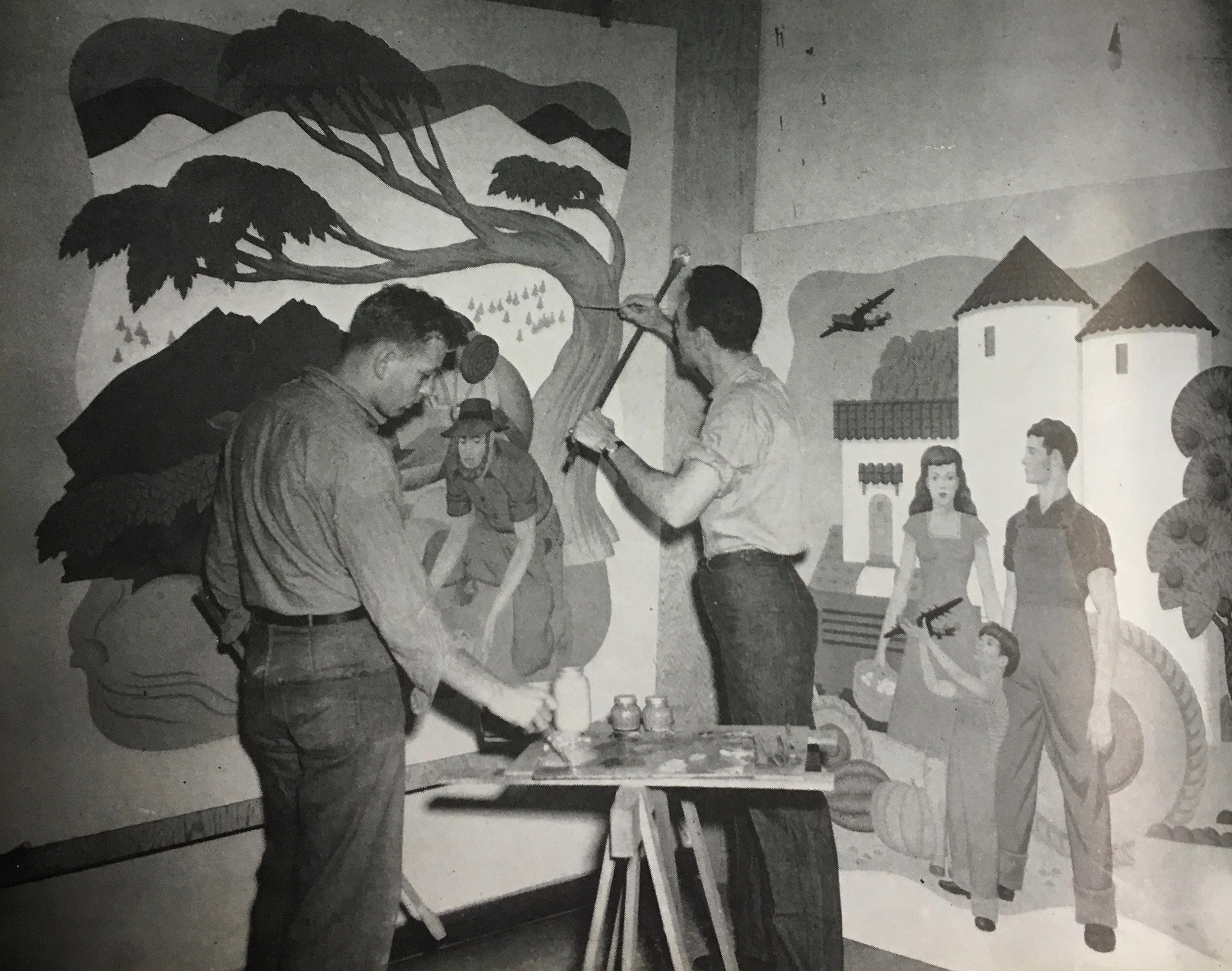 REW working on the Alameda Naval Air Station murals for the Commissioned Officers Mess. He is being assisted by Don Davies.
