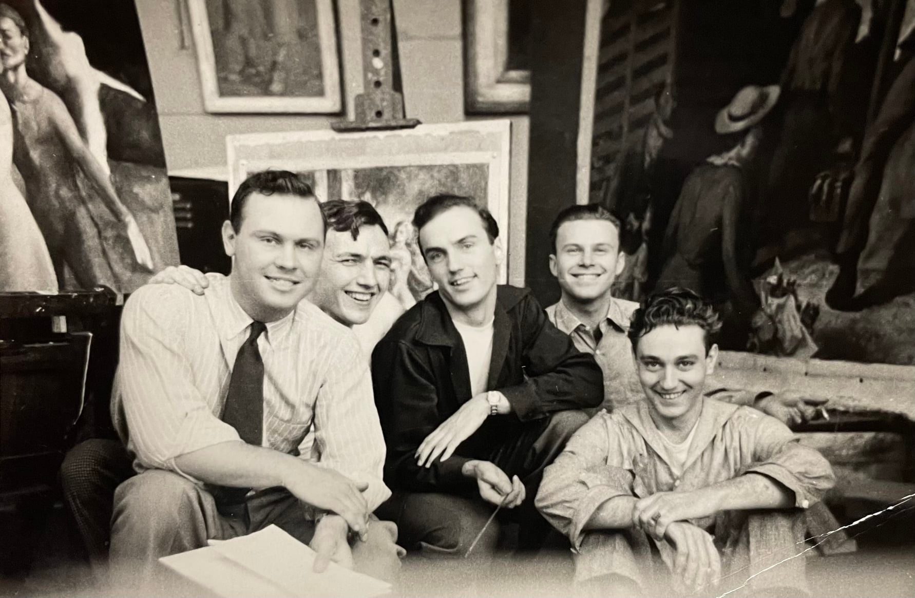  REW as a student at the John Herron Art Institute, probably 1936. Here we see REW with some of his classmates mugging for the camera. From left to right: Jim Gant, REW, Joe Cox, Harry Davis and Loren Fisher. REW, Harry Davis, and Joe Cox would remai