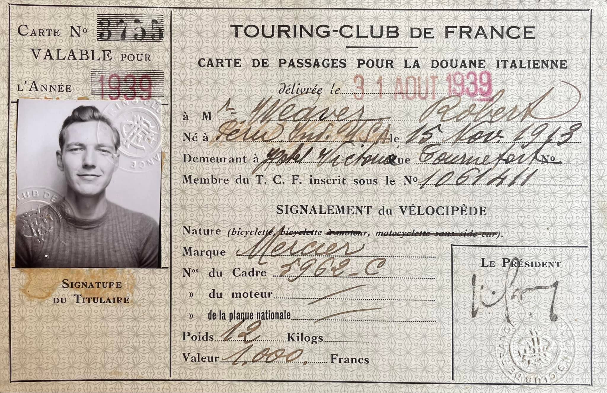 REW French Bicycle Club Card, 1939