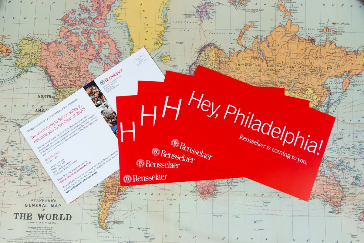 INFORMATION SESSION POSTCARDSThis postcard series was designed to attract undergraduate students to attend an information session about Rensselaer Poltechnic Institute, in their hometown.