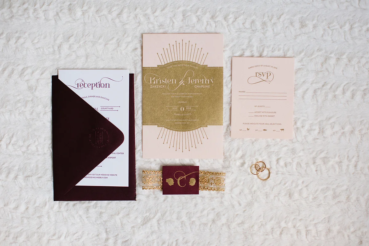 KRISTEN + JEREMYWedding invitations printed with gold metallic ink and hand applied gold luster dust to give it dimension and effect, on Luxe Blush paper from Paper Source; hand stuffed into A9 envelopes in Wine from Paper Presentation. Reception ca…