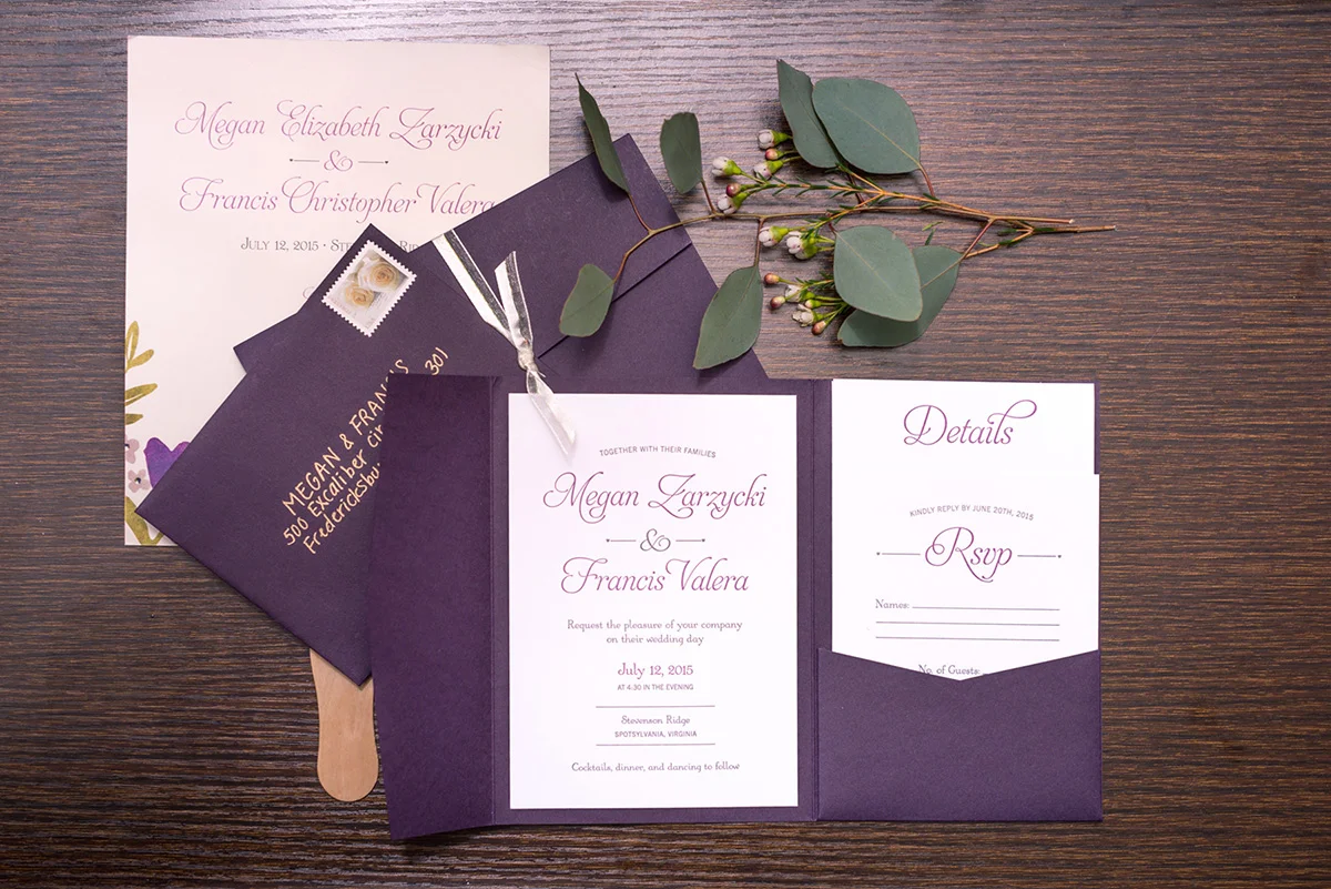 MEGAN + FRANCISInvitations, details card, and RSVP card, printed with a hand mixed purple ink on white Crane's Lettra paper. Details and RSVP card stacked in an aubergine invitation pocket folder. Ceremony program printed as a fan to keep guests coo…