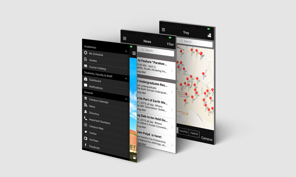 SCREENSCustomization of the main navigation, news, and a campus map of the Rensselaer app powered by Ellucian. The map includes selected images of campus buildings to ease navigating to the right location on campus.
