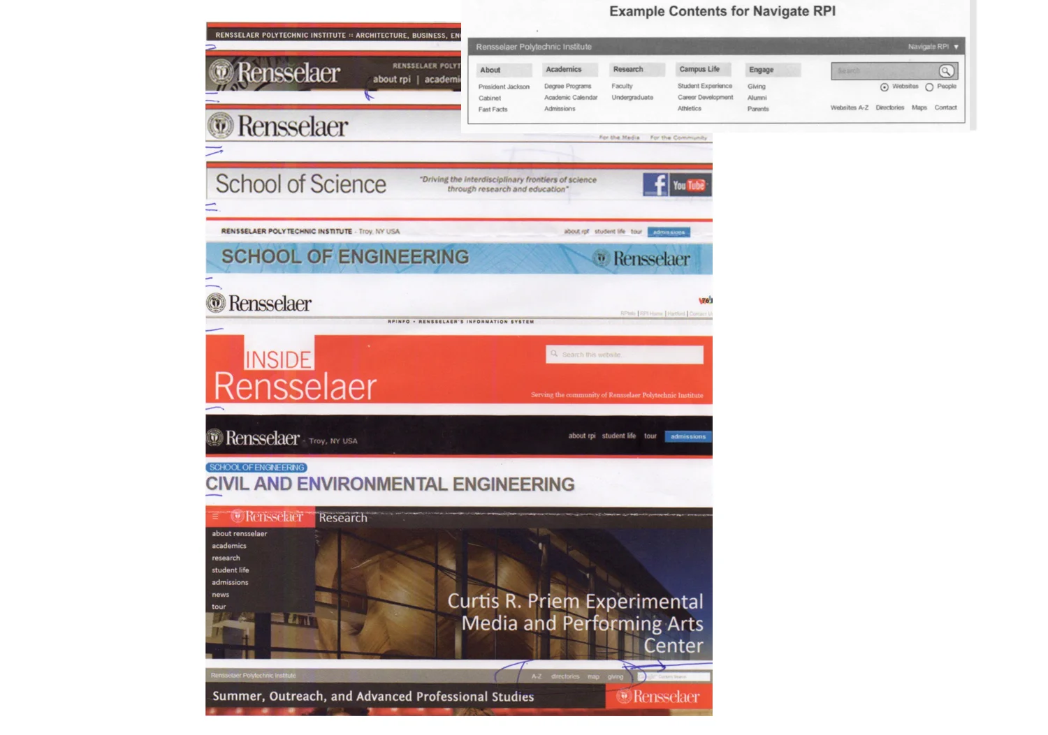 RESEARCH AND PROPOSED NAVIGATIONThe process of coming up with a new navigation and standard headers, started with research. Above you can see how desperate all the websites on the RPI domain were. Above, is a proposed example contents for a "mega me…