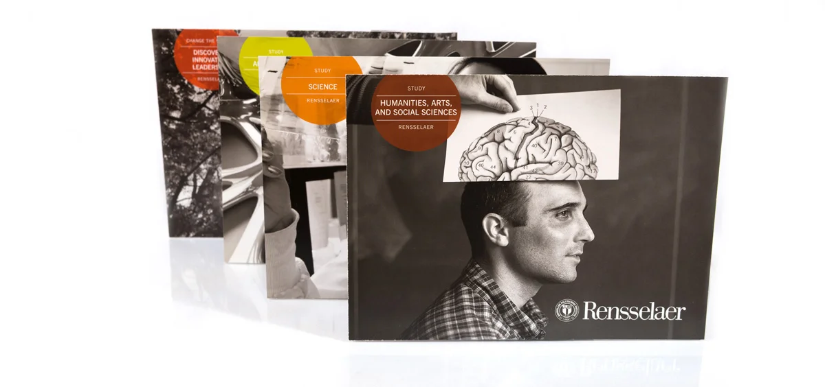 POSTCARD SERIESThis postcard series was designed for prospective students who have expressed interest in a sepcific school or program at Rensselaer. The black-and-white imagery is meant to stand out from the myriad colorful collateral pieces that st…