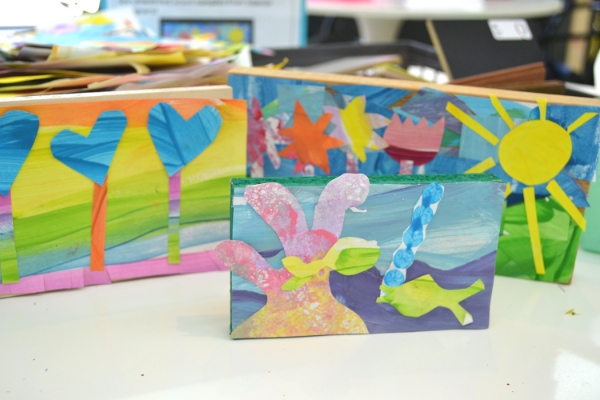 Collages with unwanted paintings on recycled wood panels