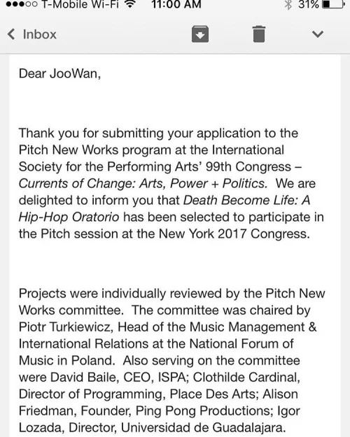 Incredibly excited to announce that EMN is invited to present at ISPA | International Society for the Performing Arts ' Pitch New Works, a highly competitive platform which selects ten submissions to be "pitched” to more than 400 performing arts professionals from over 50 countries! Past Pitch New Works projects have included: Bill T. Jones, Mark Morris Dance Group (United States), Birmingham Repertory Theatre, Imogen Heap, and Siobhan Davies Dance Company (Great Britain), Brussels Jazz Orchestra (Belgium), and more. See you in NYC on Jan. 11, 2017!