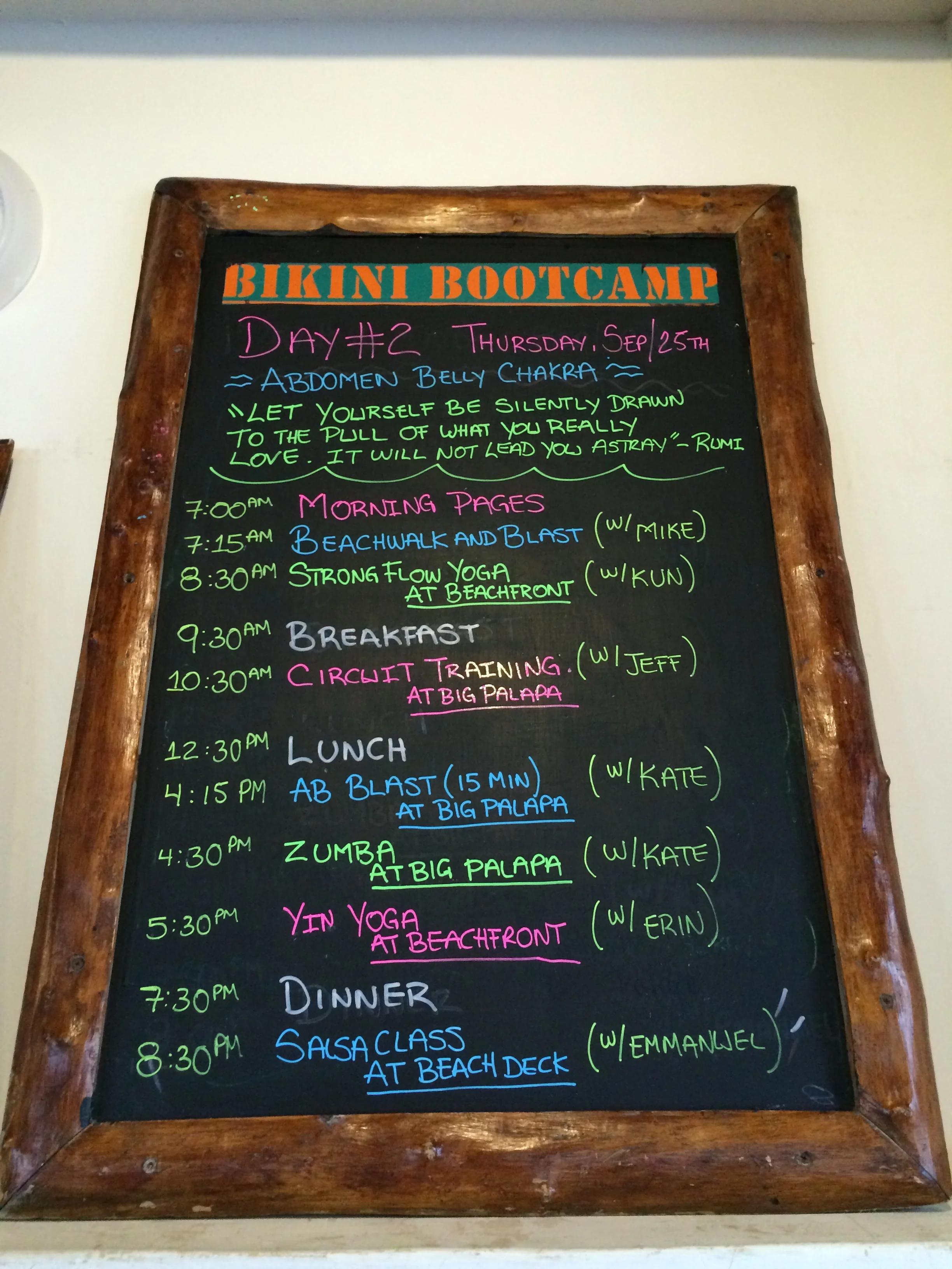 Daily fitness board at Amansala's Bikini Bootcamp
