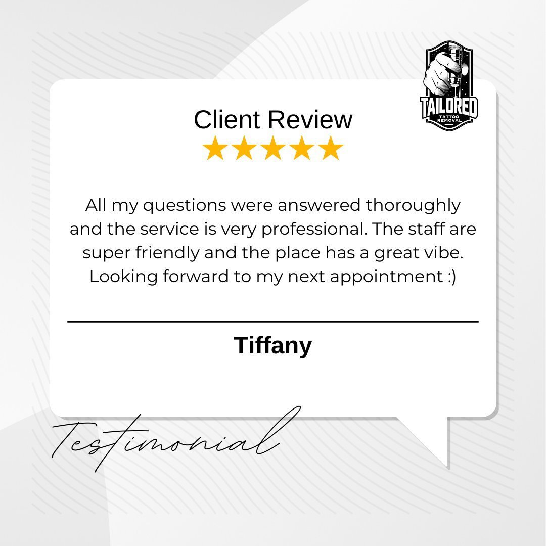 Meet Tiffany, one of our happy clients! 🥰

🌟 Tiffany's experience says it all: professional service, thorough answers, and a fantastic vibe. 

😊 At Tailored Tattoo Removal, we're dedicated to providing top-notch service and creating a friendly atm