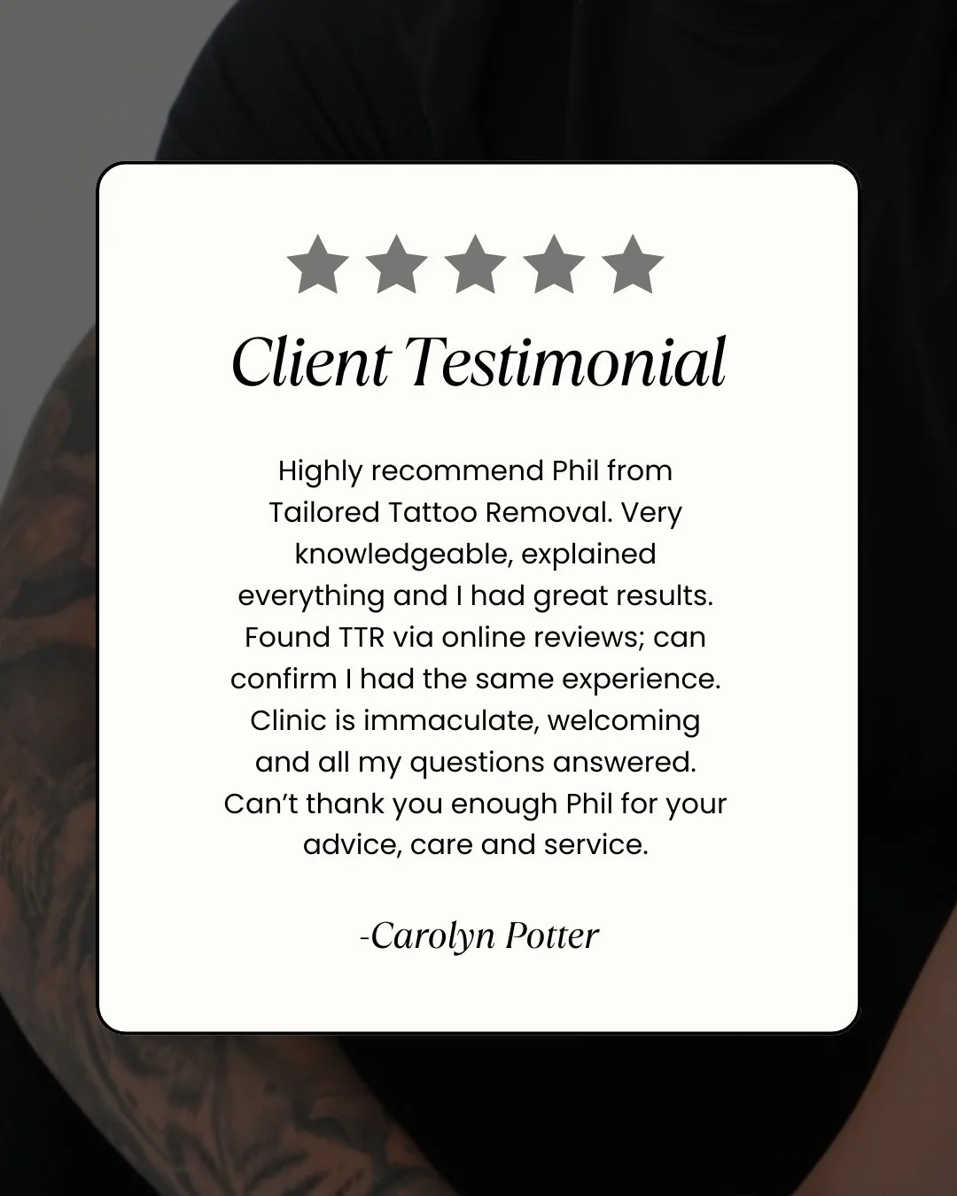 Carolyn had nothing but praise. Great results, gentle care and a smooth experience from start to finish. Thank you, Carolyn!

Got a tattoo you regret? DM me today for a free consultation.

📲@tailoredtattooremoval
📞 0413 488 789
📧 info@tailoredtatt