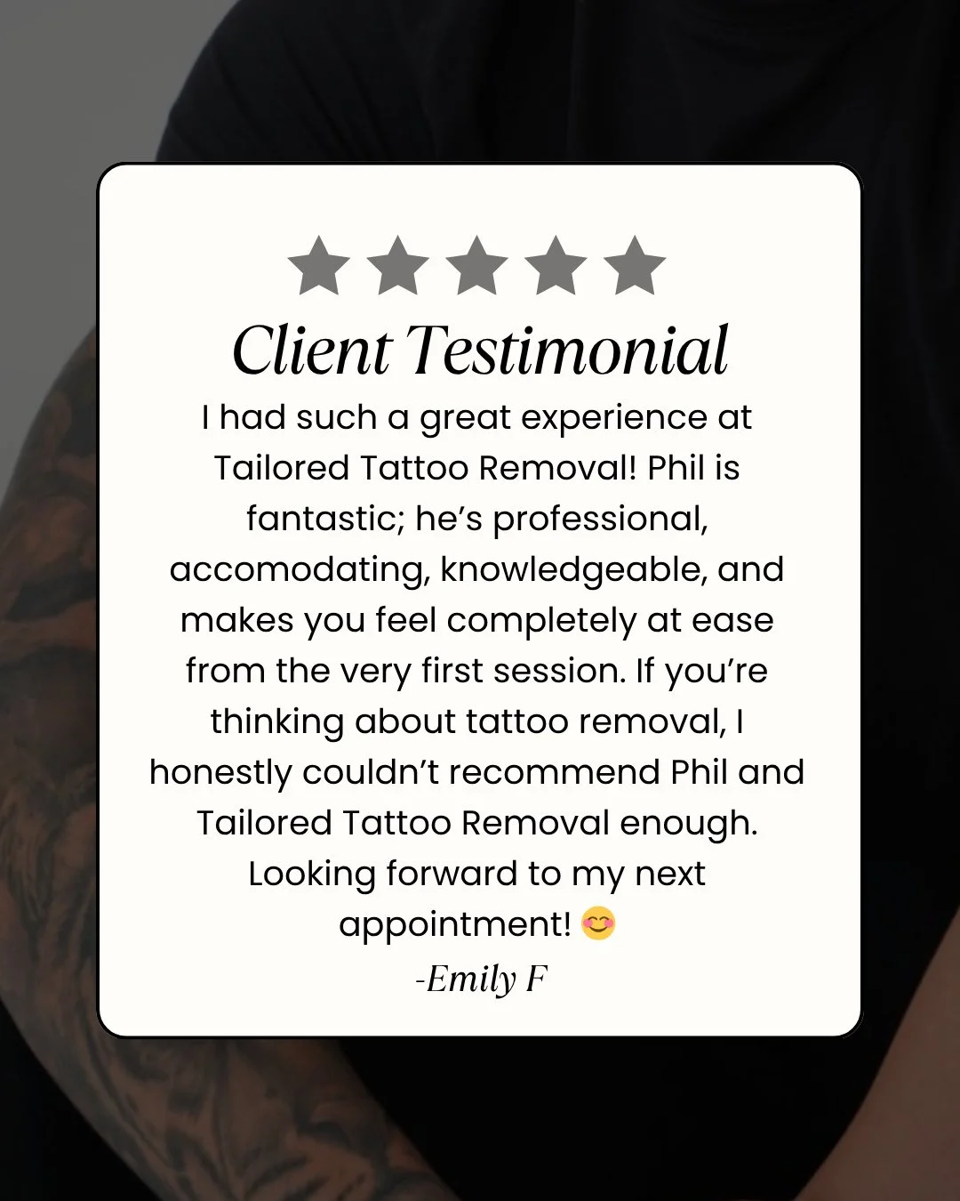 Such kind words from Emily 🫶
We love hearing feedback like this. Our goal is to make every removal journey feel safe, comfortable and personalised.
Ready to start your tattoo removal journey? Let&rsquo;s make it happen.

📲@tailoredtattooremoval
📞 