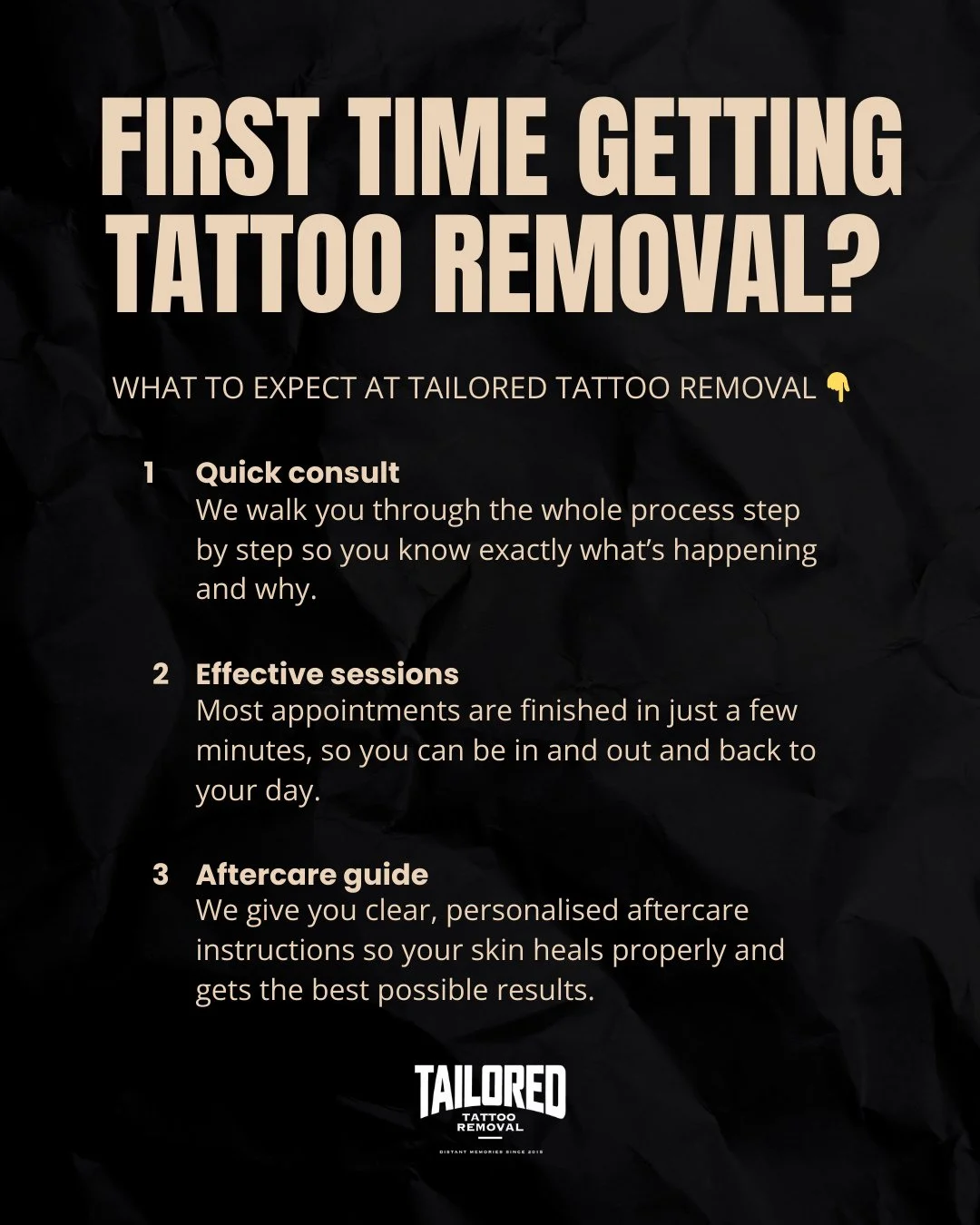 Thinking about removing a tattoo but have no idea what actually happens in a session? 

At Tailored Tattoo Removal, we keep it simple:
 
✅ Quick consult so you know exactly what to expect
✅ Fast, targeted laser session
✅ Clear aftercare so your skin 
