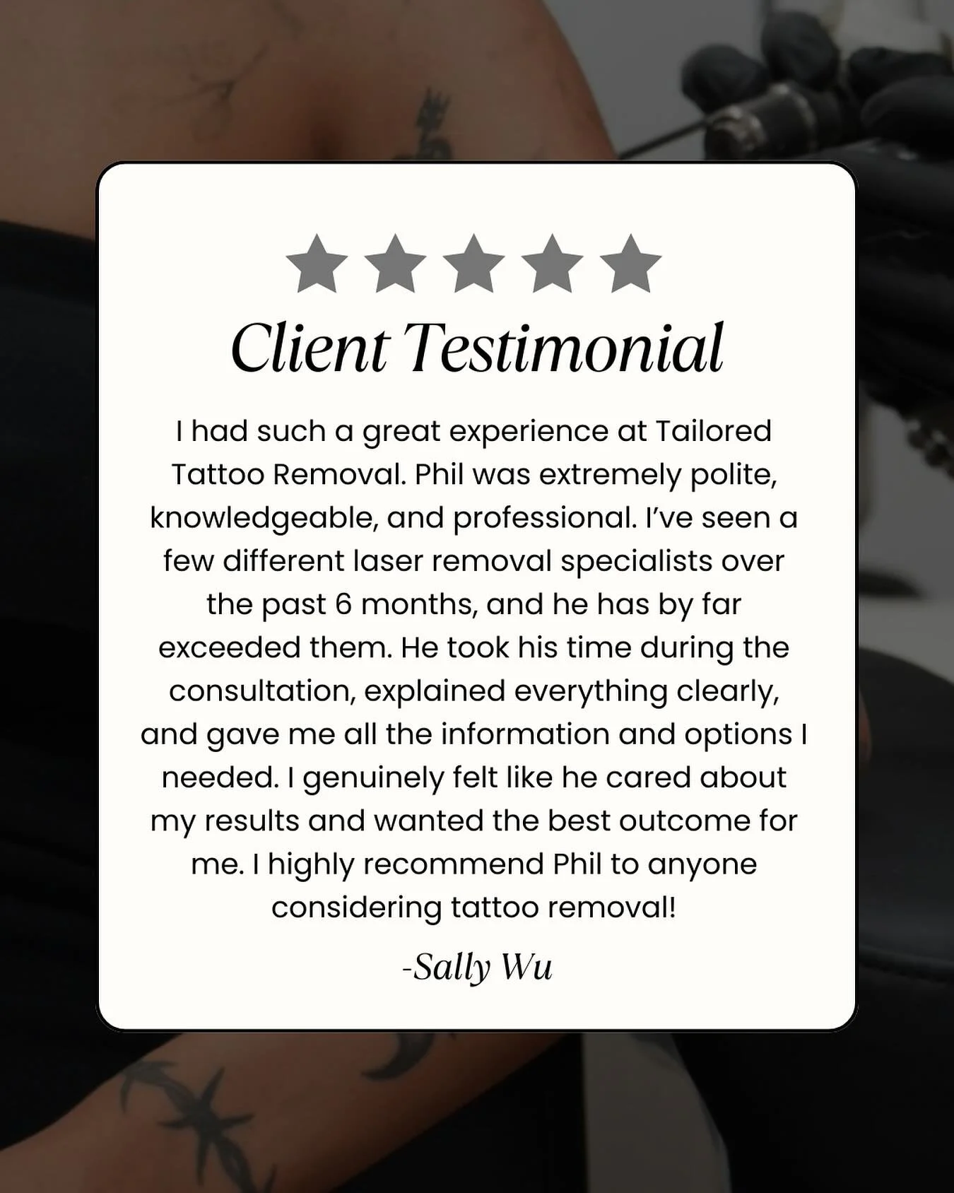 ✨ Client love alert! ✨
Sally had an amazing experience at Tailored Tattoo Removal and had this to say! 
We&rsquo;re so grateful for clients like Sally and love seeing such great results! 💥
Thinking about removing a tattoo? Let&rsquo;s chat , we&rsqu