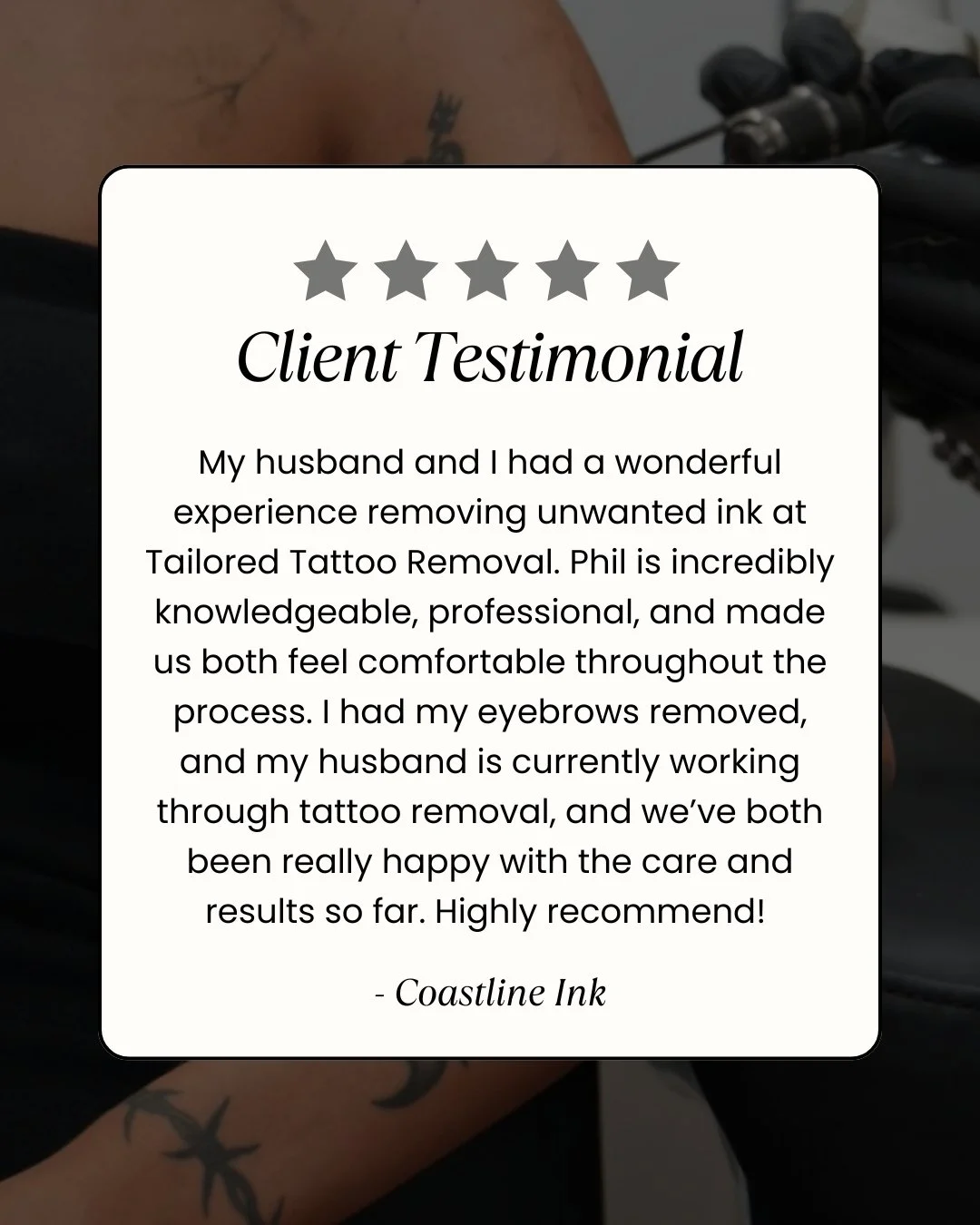 Nothing better than hearing feedback like this 🤍

&ldquo;My husband and I had a wonderful experience removing unwanted ink at Tailored Tattoo Removal. Phil is incredibly knowledgeable, professional, and made us both feel comfortable throughout the p