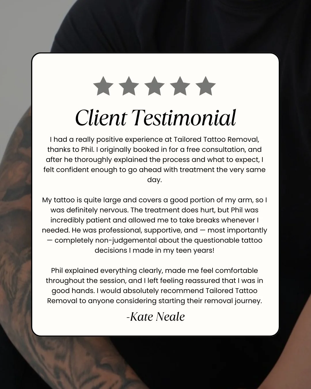 Thank you to Kate for the kind words 🤍

Big tattoos, first sessions, nerves, we get it. 

That&rsquo;s why creating a space where you feel comfortable, informed and supported is just as important as the treatment itself.

If you&rsquo;ve been thinki