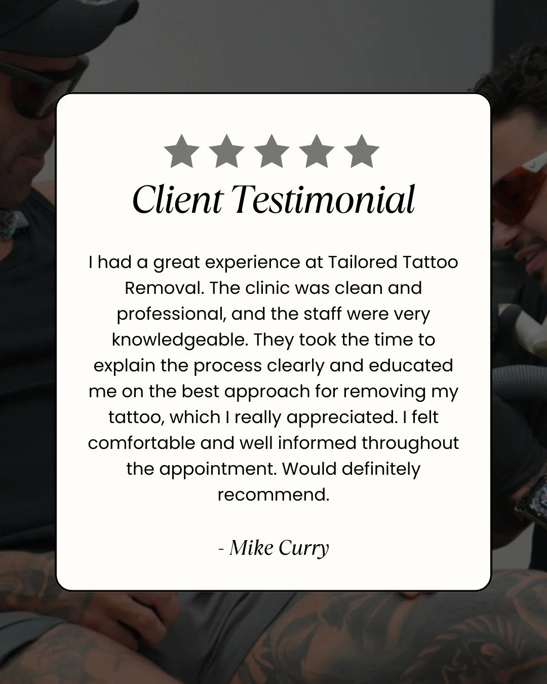 Nothing better than hearing this 🤍

&ldquo;I had a great experience at Tailored Tattoo Removal. The clinic was clean and professional, and the staff were very knowledgeable. They took the time to explain the process clearly and educated me on the be
