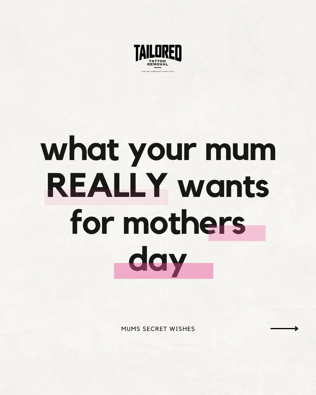Forget the flowers, Mum wants a fresh start! 🌸

This Mother&rsquo;s Day, give her the gift she&rsquo;s actually been thinking about. Buy Mum a Tailored Tattoo Removal Gift Voucher and we&rsquo;ll add an extra $50 onto the total amount &mdash; becaus