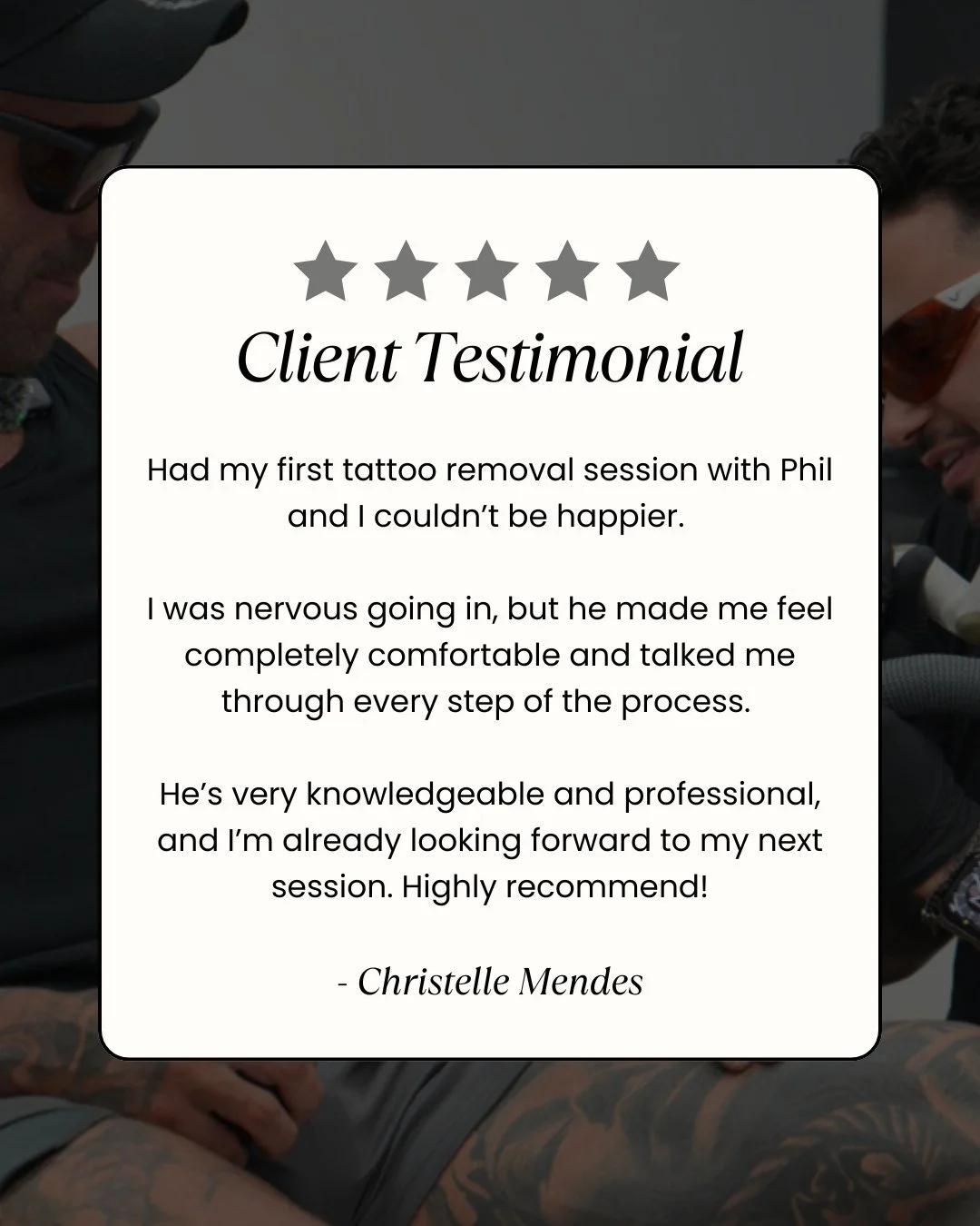 Client feedback like this never gets old 🤍

&ldquo;Had my first tattoo removal session with Phil and I couldn&rsquo;t be happier. I was nervous going in, but he made me feel completely comfortable and talked me through every step of the process. He&