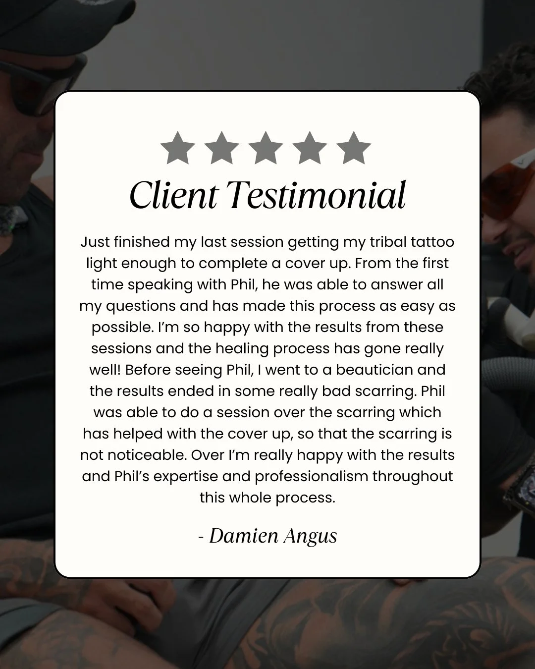 Reviews like this are exactly why choosing the right clinic matters 👀⁠
⁠
Damien came to us wanting to lighten his tattoo for a cover-up, but there was one challenge, previous treatments elsewhere had left him with scarring.⁠
⁠
Despite that, we were 