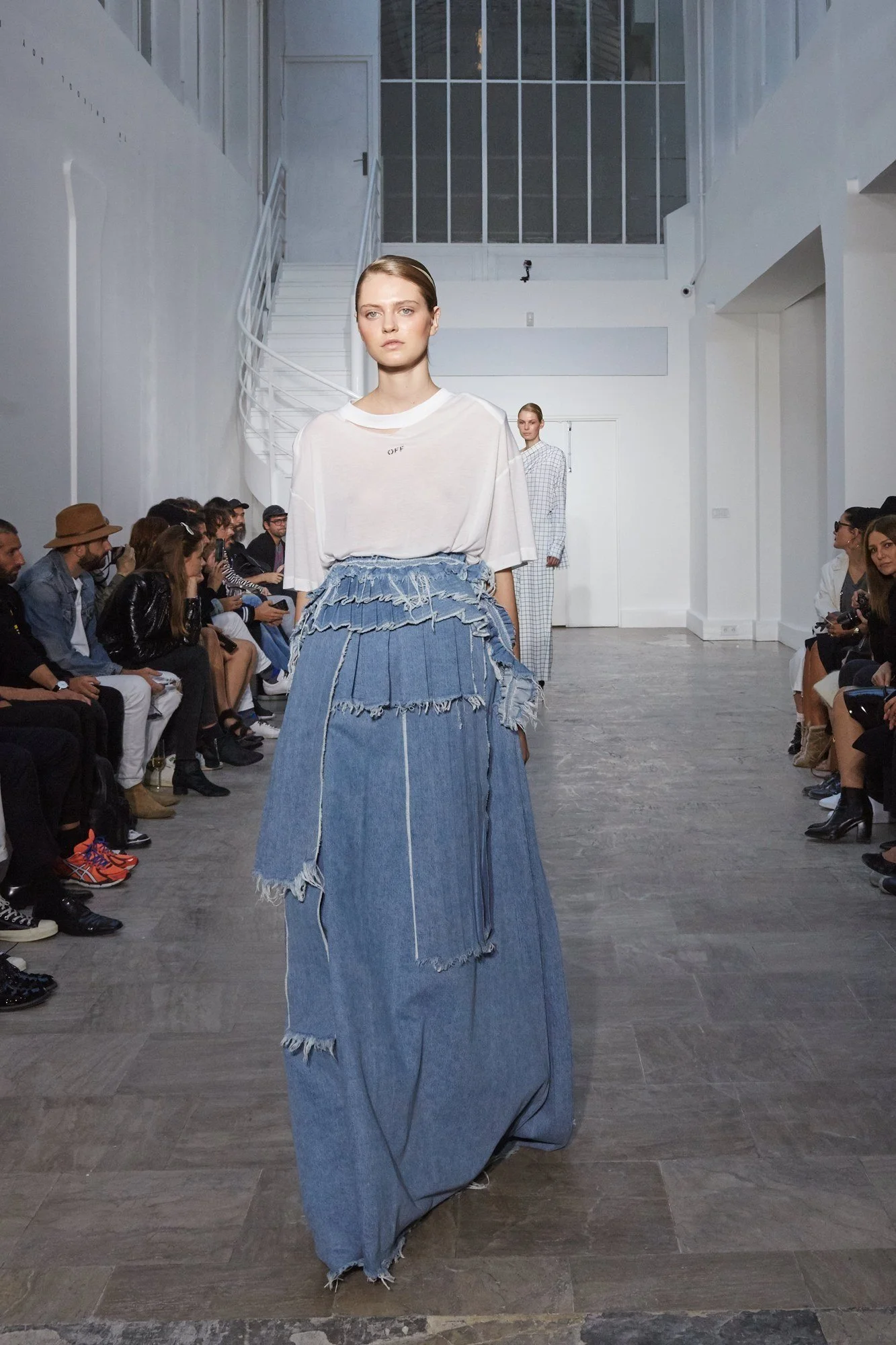 Custom Hand Pleating for multi-layer denim skirt. Virgil Abloh, Spring 2016.