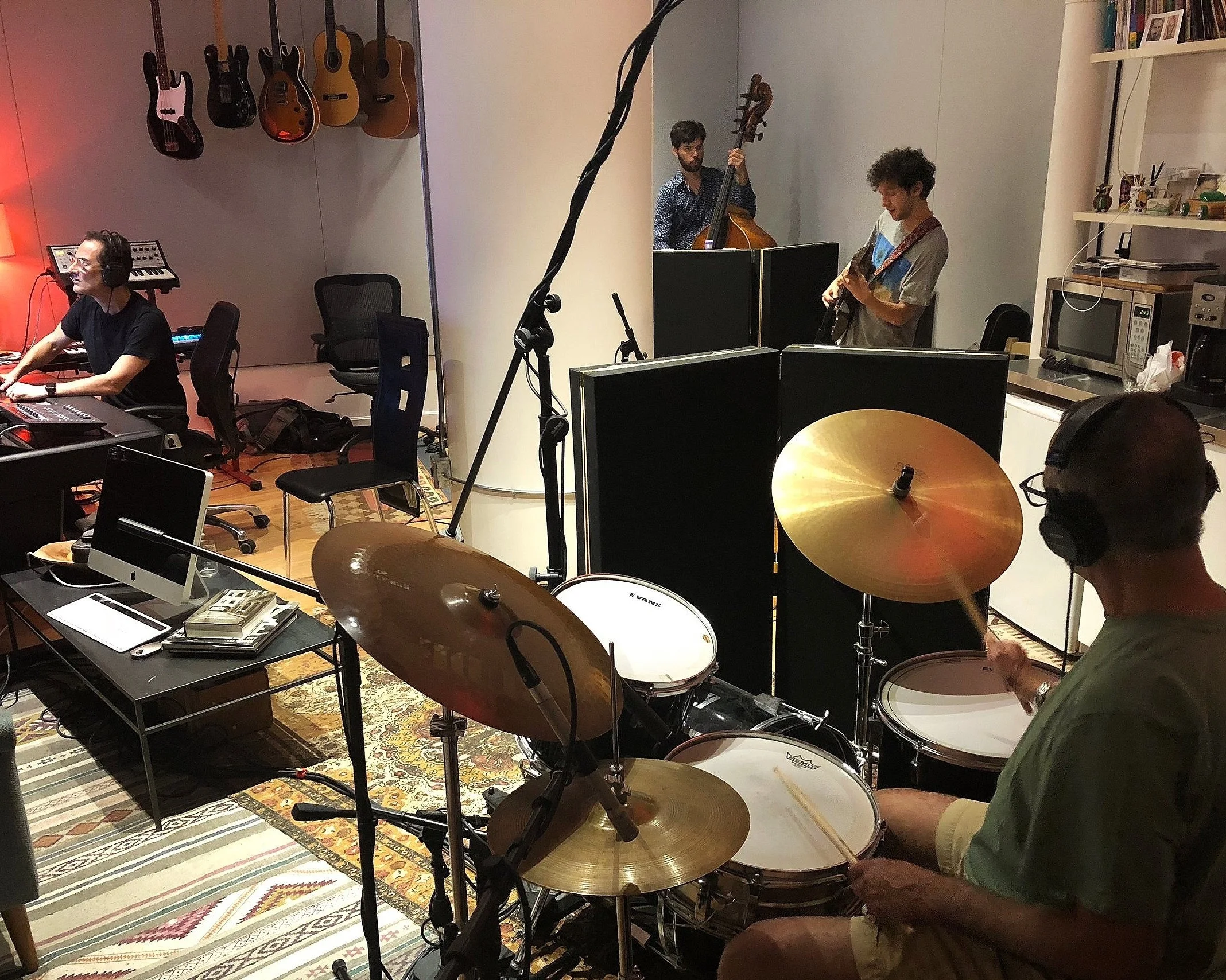 L-R: Zé Luis (on the console), Eduardo Belo: upright bass, Pedro Martins: electric guitar and Helio Schiavo: drums at The Atelier Music Studio.