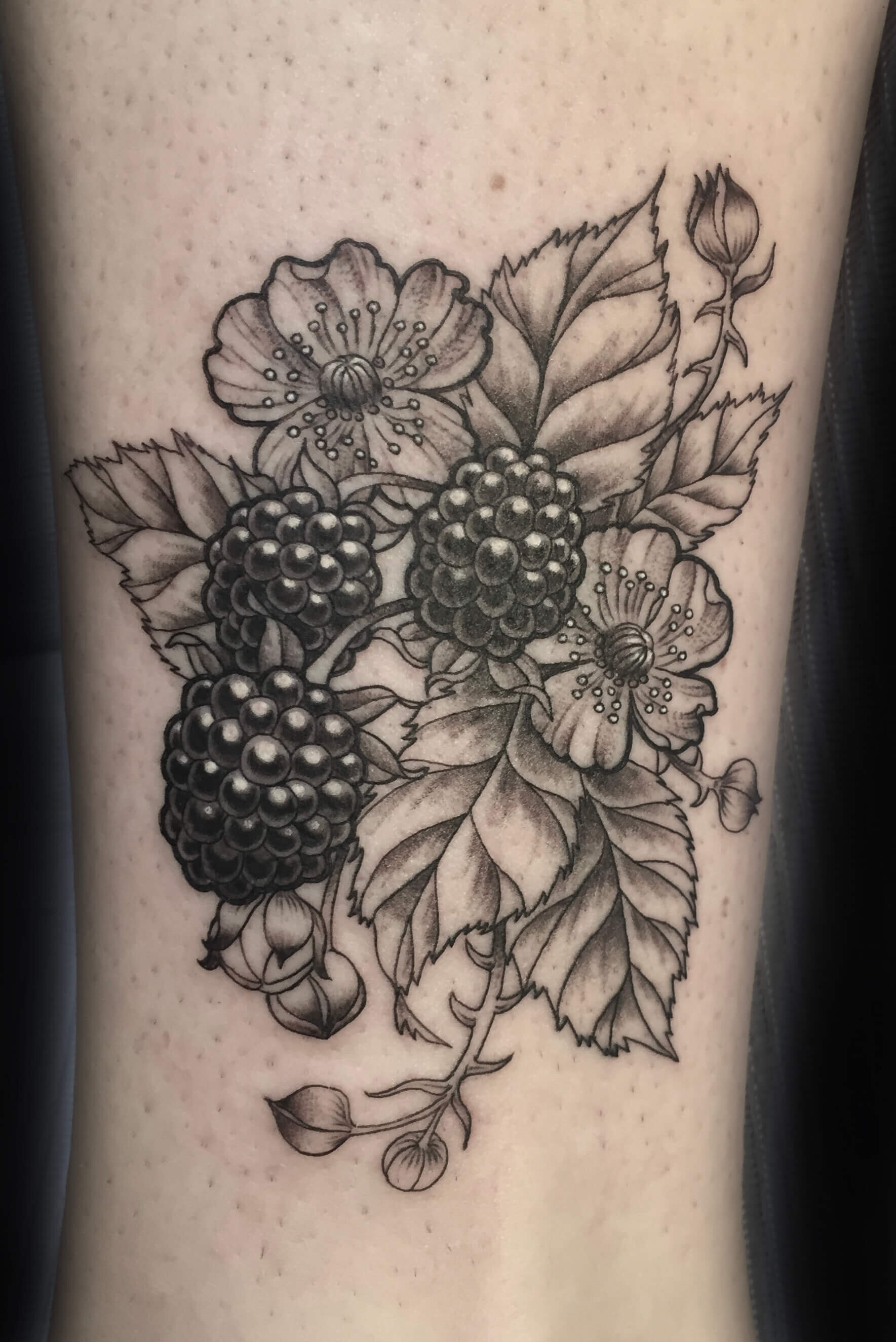 Blackberry branch with lady bug by Monica Snyder at Eden body arts Dallas  Tx  rtattoos
