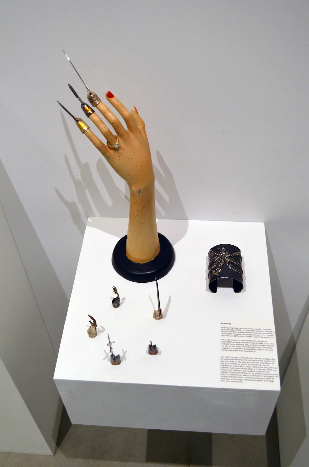 Mis(s)Utility, 2015-18. Exhibited as part of Hothouse 2015, and 14 Benches 2018. Mis(s)Utility explores a misalignment of decorative and functional aesthetics (an antithesis of ‘good design’): the satisfaction of a good tool is undermined by the purely decorative ’nail caps’ that render the hand useless. The decorative perfection of the ’nails’ is in turn impeded by the brutal forms of ‘functionality’ and the raw finish. The result is akin to a Frankenstein’s monster, discomforting in its tension between beauty and horror.
