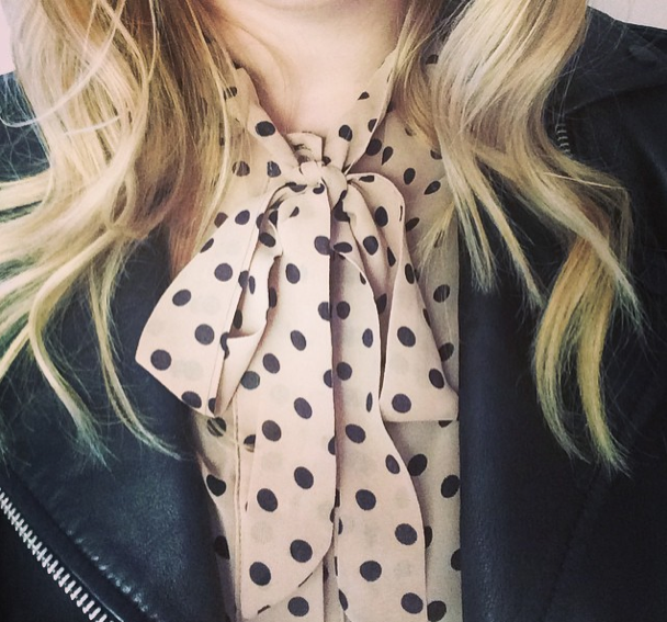 Think city chic. This outfit is casual cool for the up and coming winter months, (especially in Melbourne!) this polka dot pussy bow long sleeve blouse is cute and stylish! You can dress it with pants like I have here Or again you could wear this blouse to the office team it up with a black pencil skirt. The options are endless! Top: Spot to dot blouse Pants: Pu zip it pants Jacket: James & co Vegan leather trench 