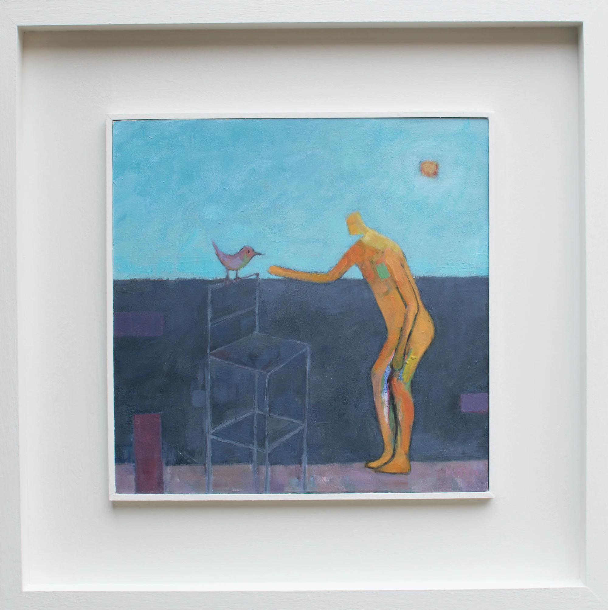 Man Meets Bird acrylic on board 49 x 49 cm framed SOLD