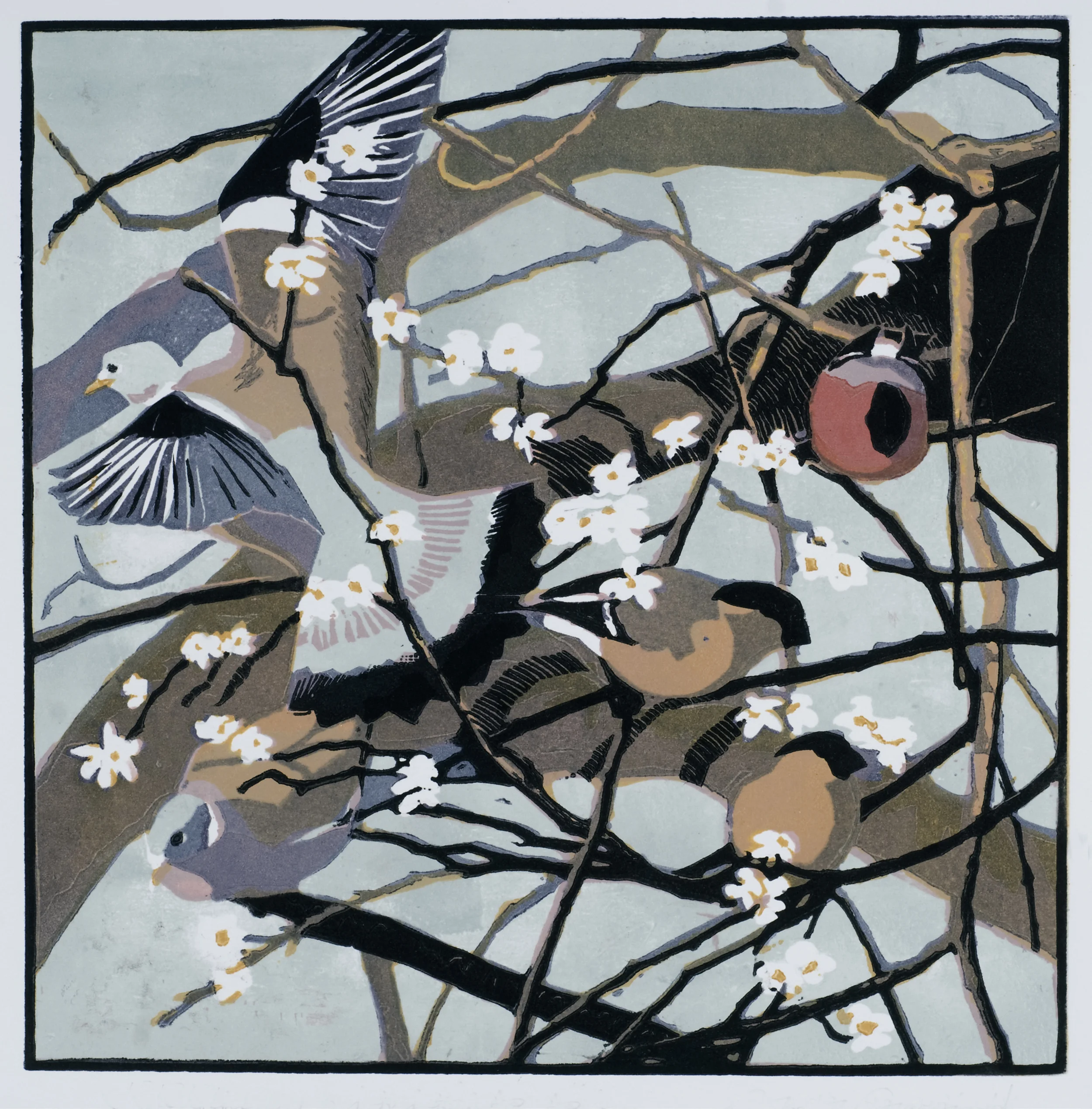 Bullfinches and Woodpigeons woodcut 29 x 29 cm £95