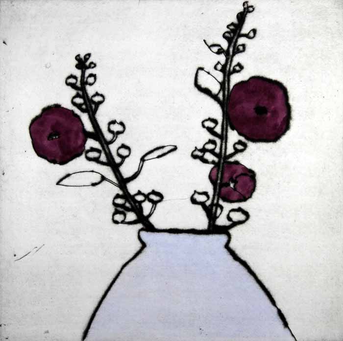 Hollyhocks drypoint & watercolour 35 x 35 cm SOLD OUT