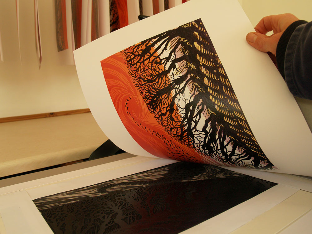 Niki Bowers - Winter Starlings - linocut
