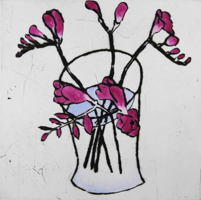 Freesias drypoint and watercolour 35.5 x 35.5 cm £395 unframed