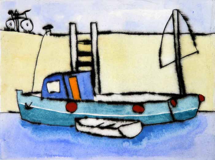 Cycle to the Quay drypoint and watercolour 15 x 20 cm £225 unframed