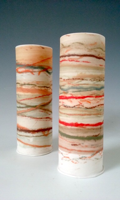 Medium Thin Vessels Mono-printed porcelain £68 each 17cm h x 6cm d