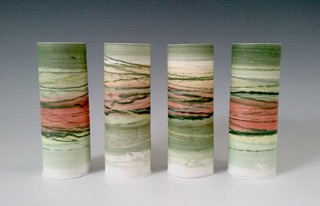 Medium Thin Vessels Mono-printed porcelain £68 each 17cm h x 6cm d