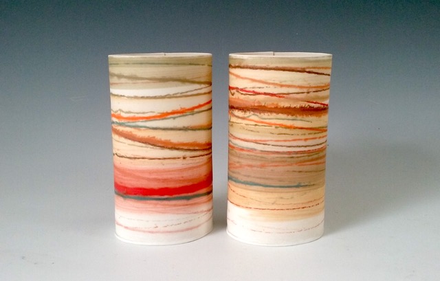 Medium Wide Vessels Mono-printed porcelain £128 each 16cm h x 9cm d