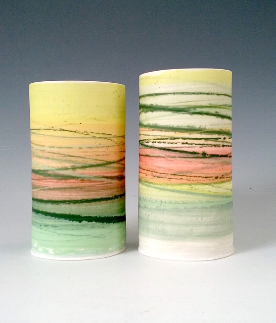 Medium Wide Vessels Mono-printed porcelain £128 each 16cm h x 9cm d