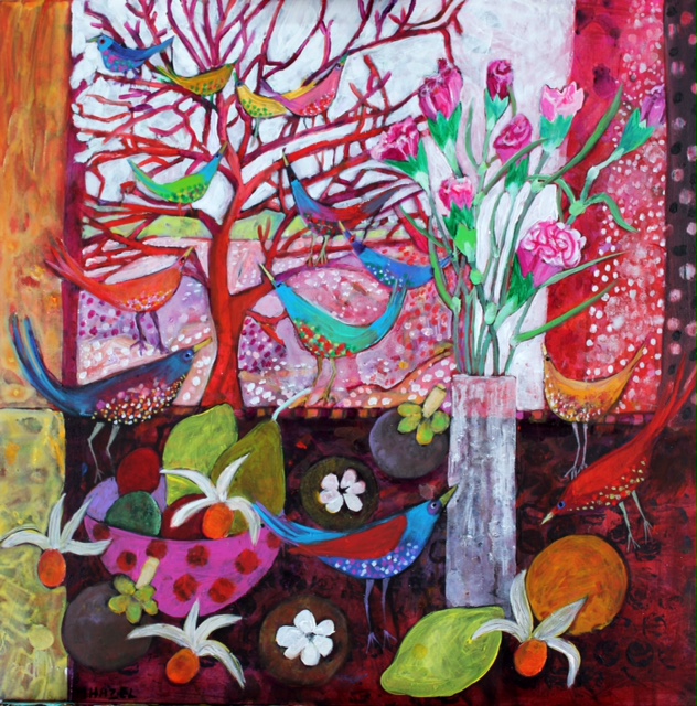 Pinks and birds Acrylic on canvas 61x61cm 24x24ins £1040 framed