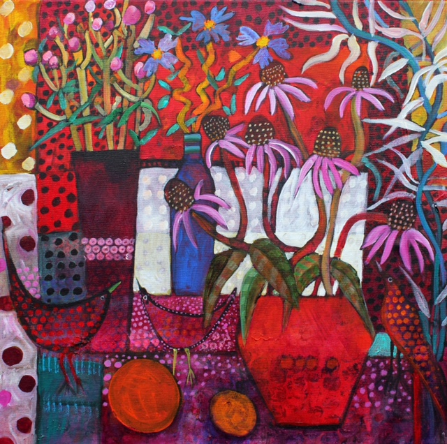 Red vase and birds Acrylic on canvas 60x60cm 24x24ins £1040 framed .