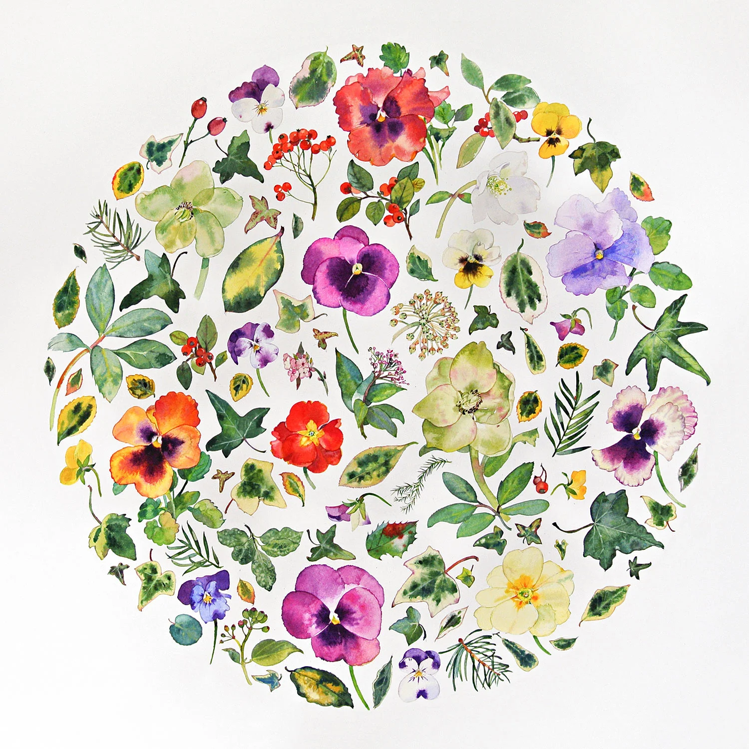Winter Flower Circle with Pansies watercolour SOLD